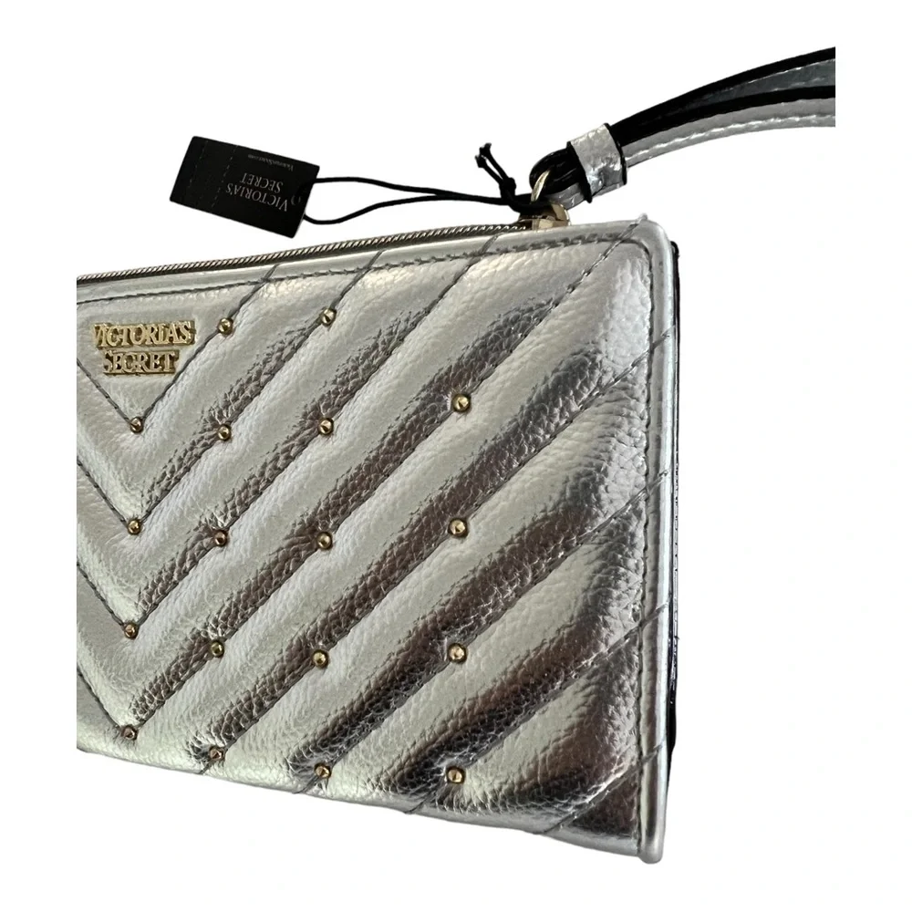 Victoria's Secret quilted metallic silver, studded wristlet wallet …